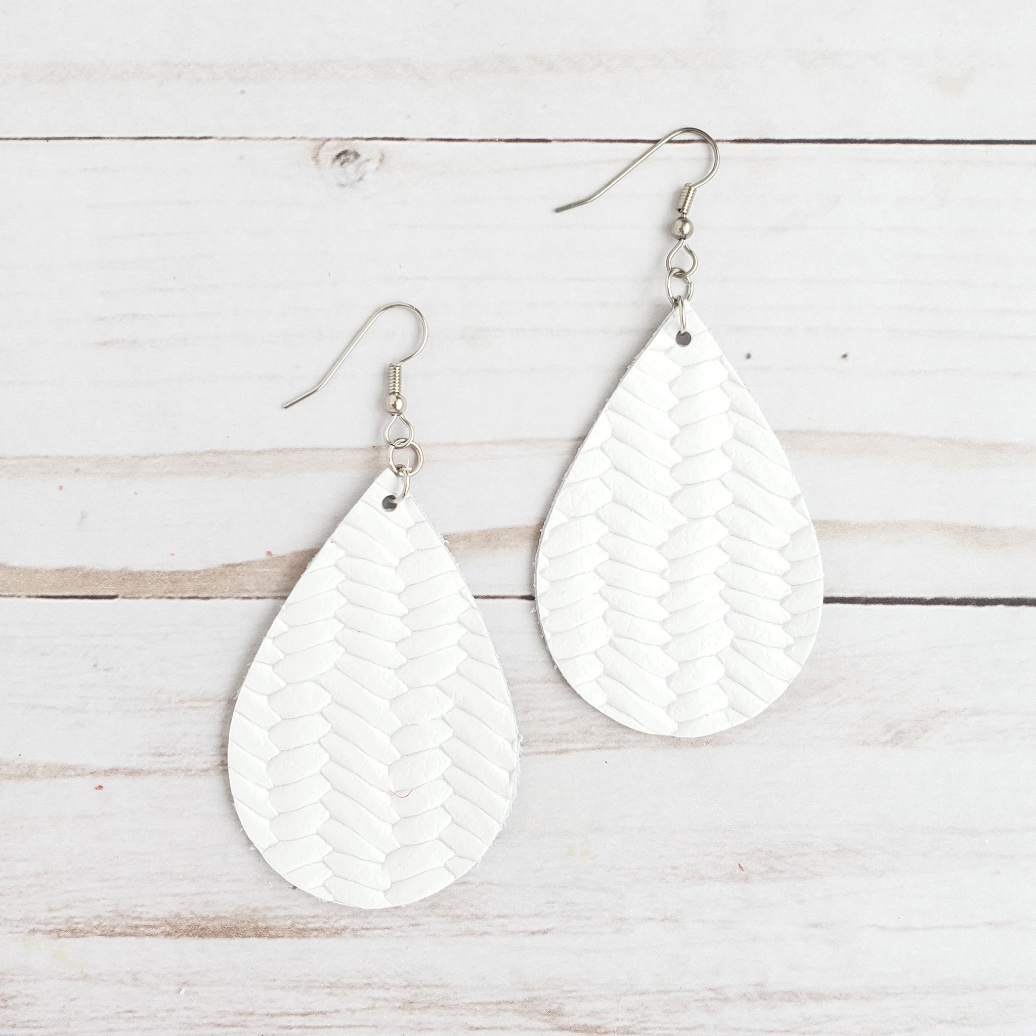 White Fish Tail Braid Leather Drop Earrings