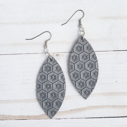 Grey Honeycomb Leather Petal Earrings