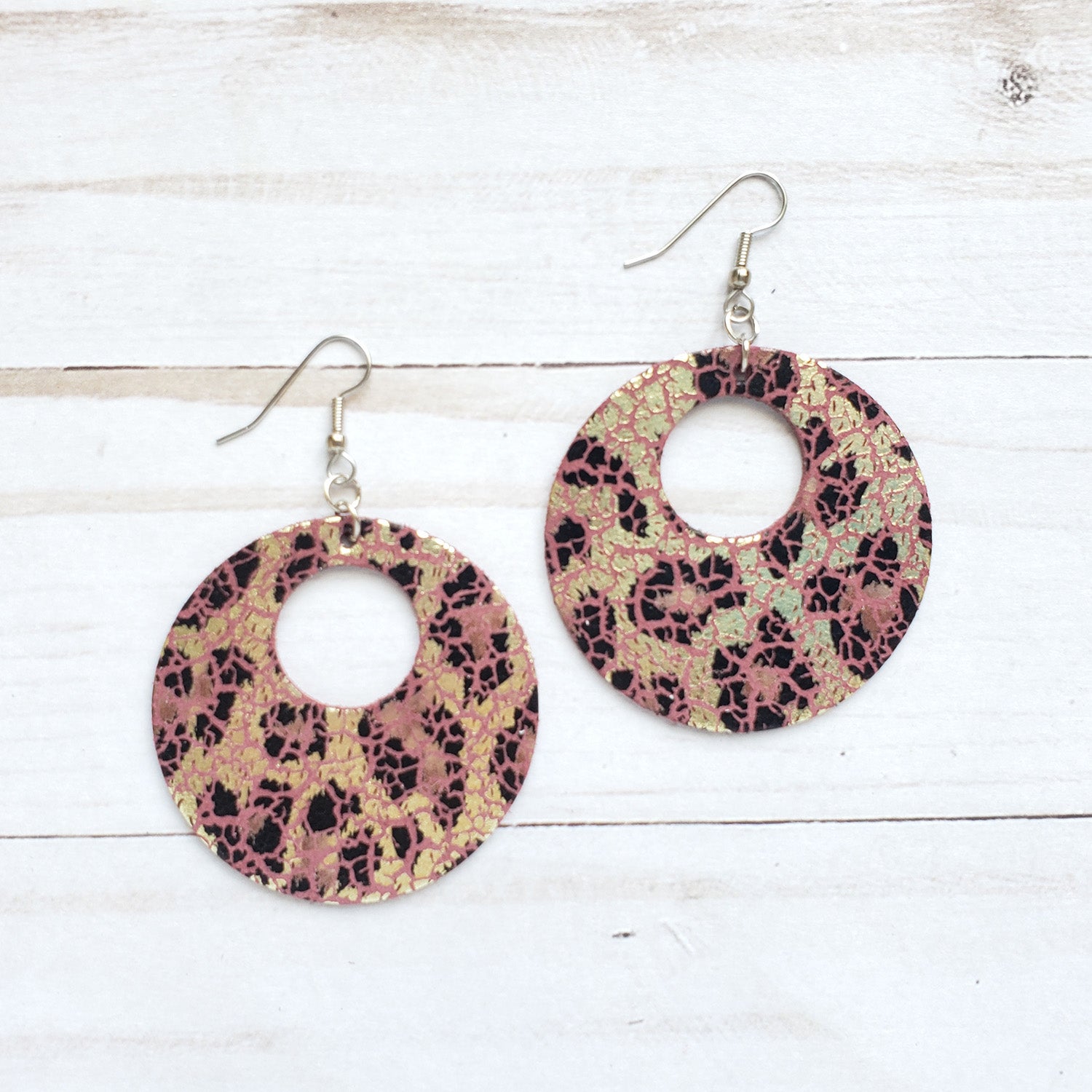 Golden Ruby Leopard Circle Leather Earrings