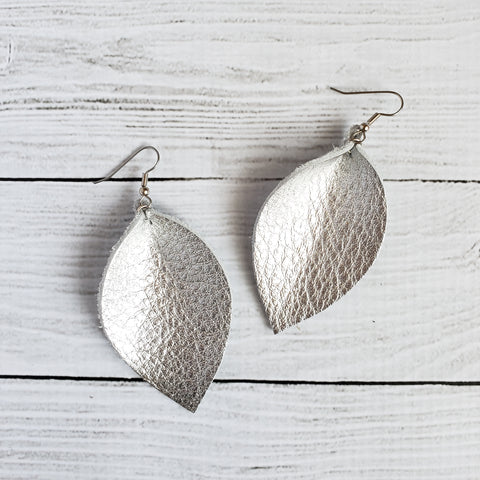 Silver Leather Leaf Earrings