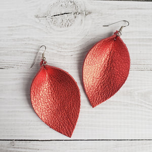 Metallic Red Leather Leaf Earrings