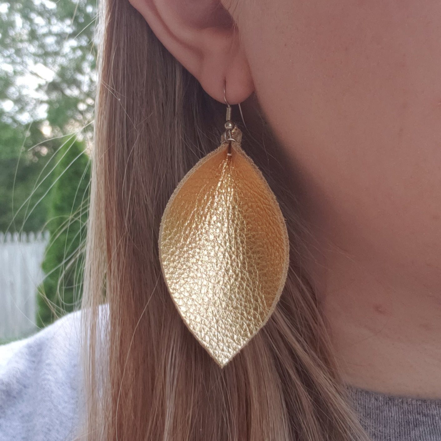 Pink Gold Dust Leather Leaf Earrings