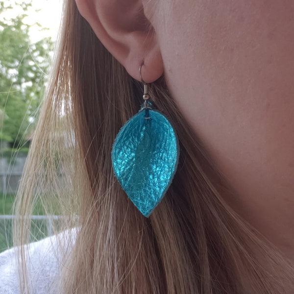 Mini Blue Rainbow Mermaid Leather Leaf Earrings
