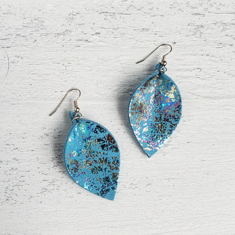 Mini Blue Rainbow Mermaid Leather Leaf Earrings