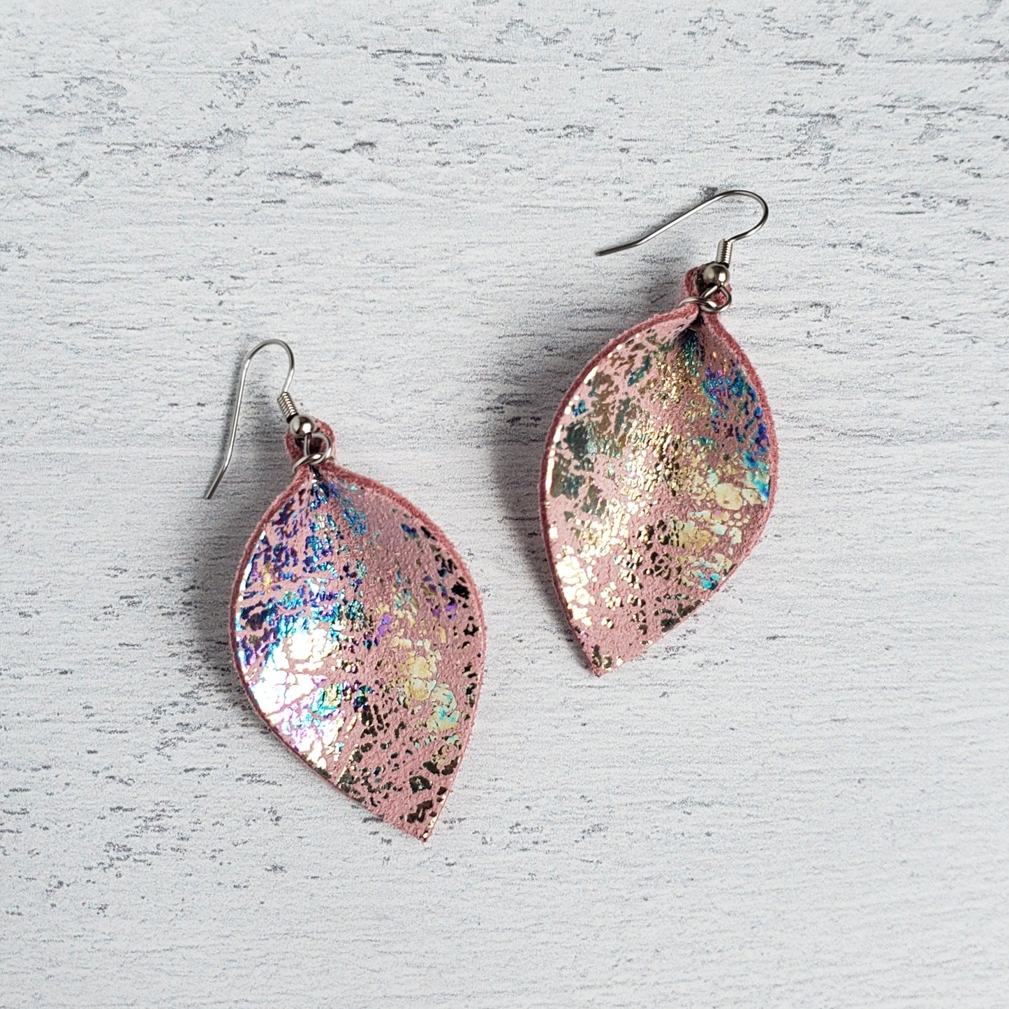 Mini Pink Rainbow Mermaid Leather Leaf Earrings