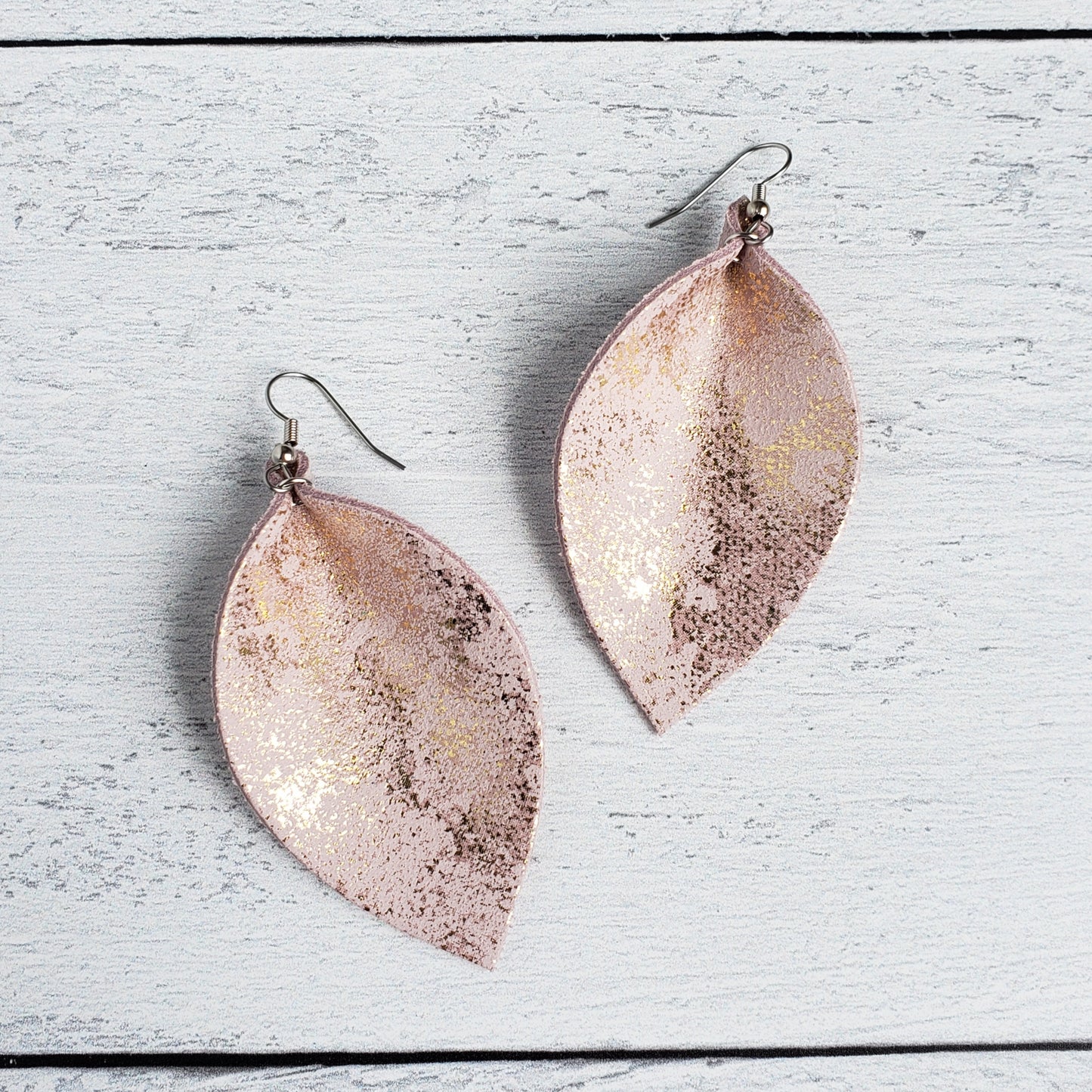 Pink Gold Dust Leather Leaf Earrings