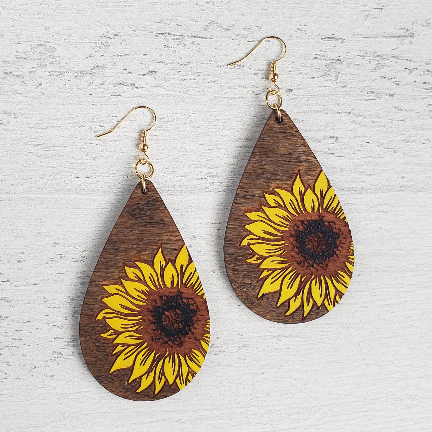 Hand Painted Wooden Sunflower Drop Earrings