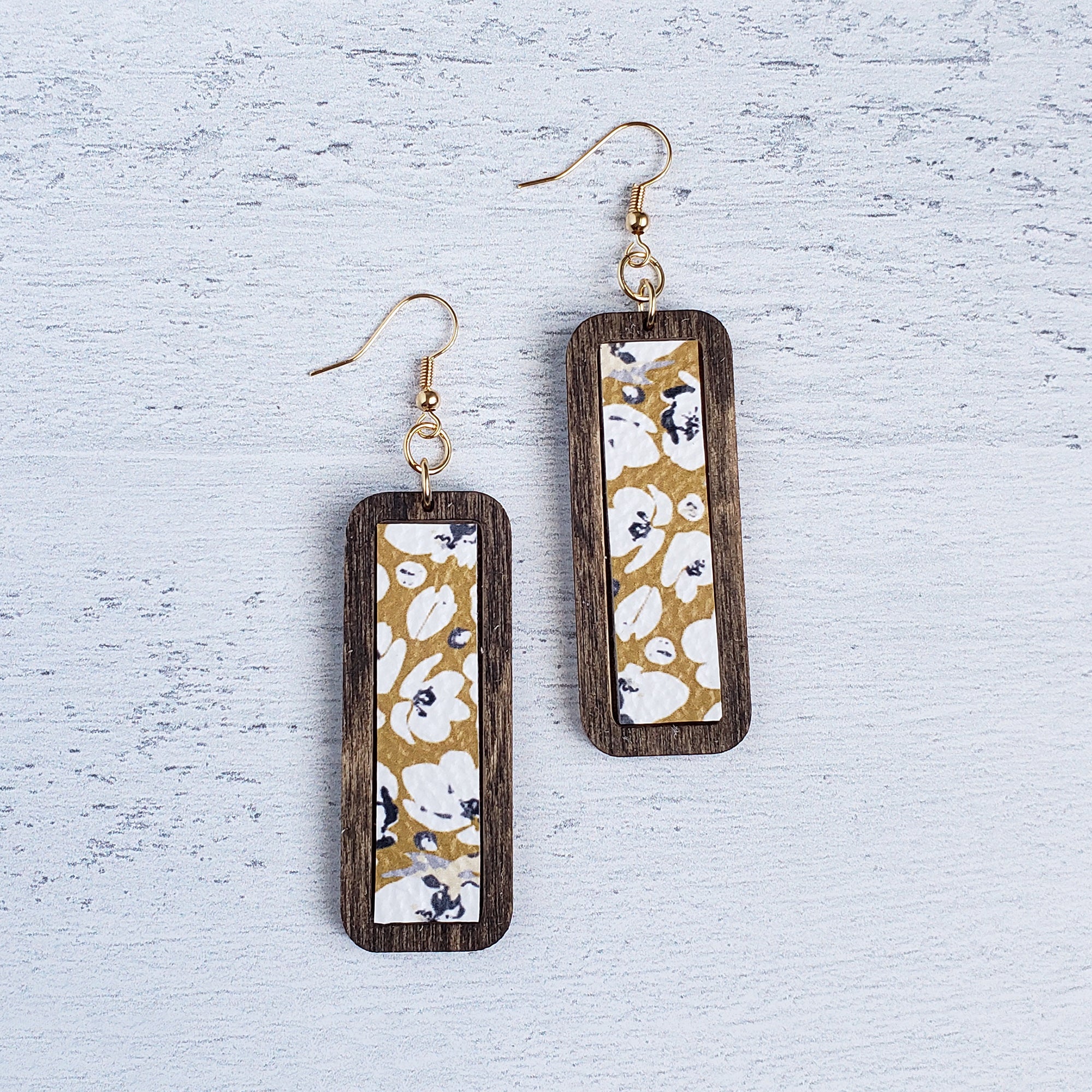 Wooden Bar - Mustard Poppies Leather Earrings