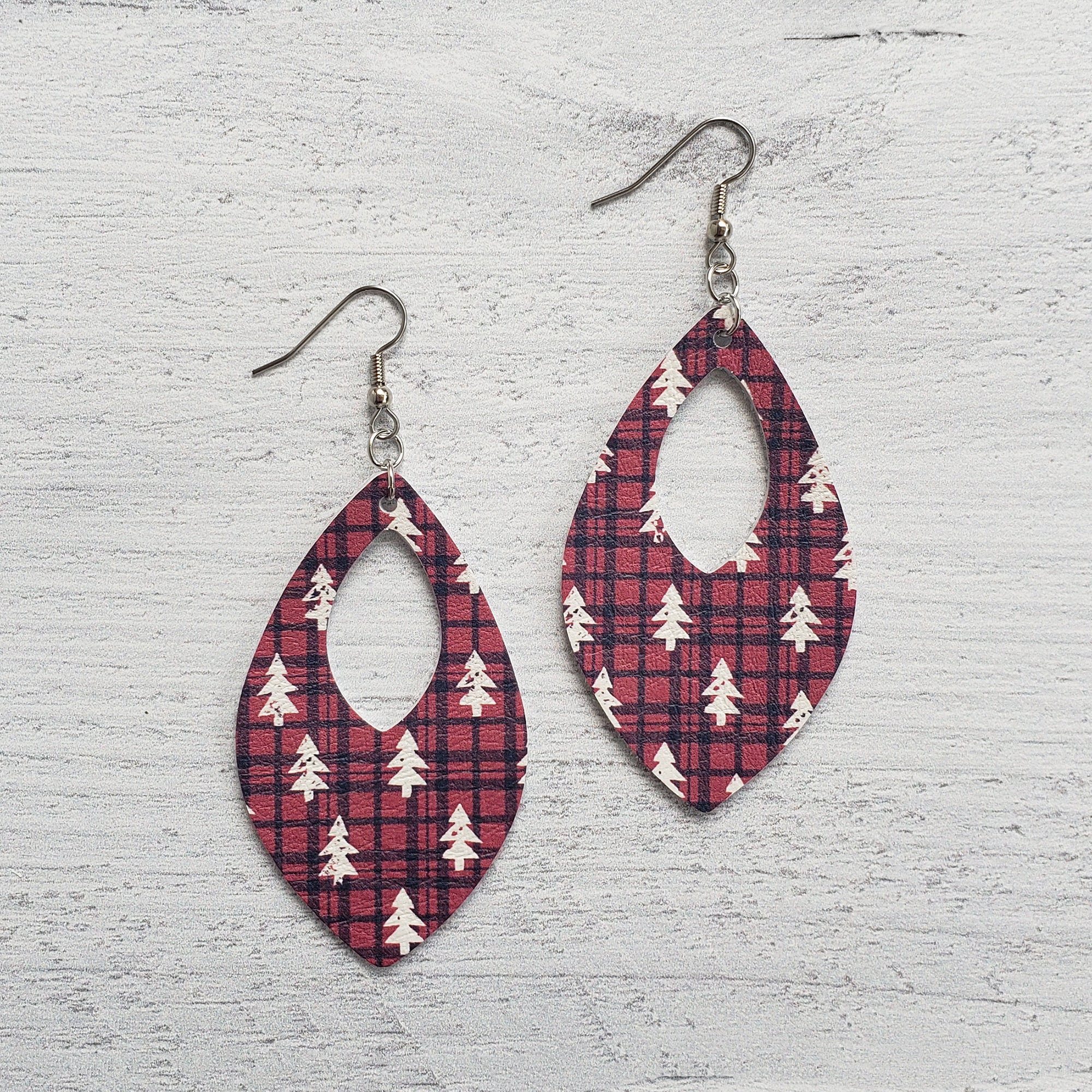 Buffalo Plaid Trees Leather Open Teardrop Earrings