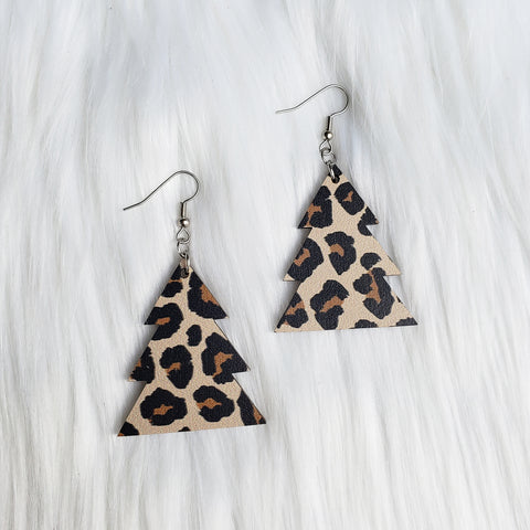 Leopard Print Wooden Tree Earrings