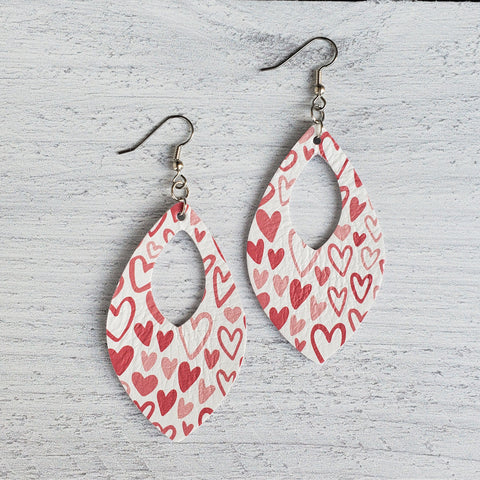 Sketched Hearts Open Teardrop Leather Earrings
