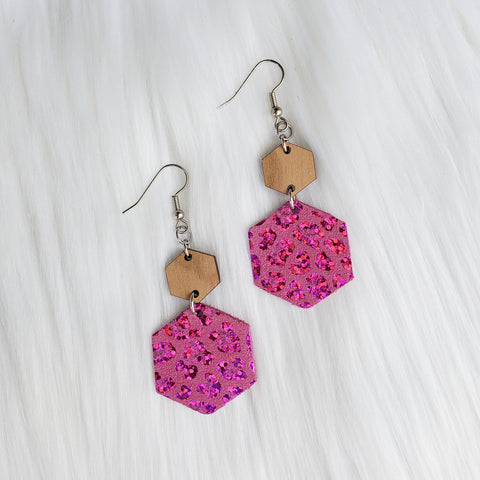 Pink Holographic Leopard Hexagon Leather Earrings