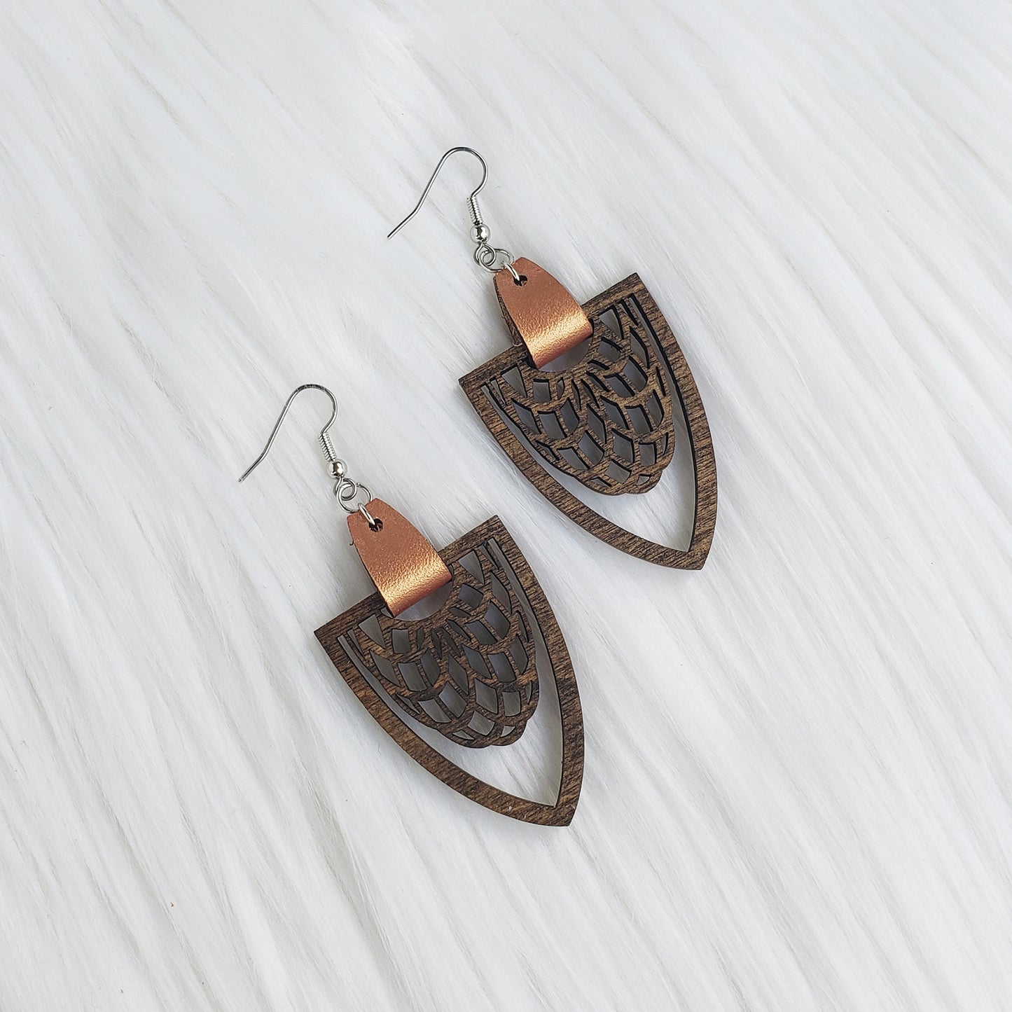 Walnut Stained Filigree Pointed Dangle Earrings