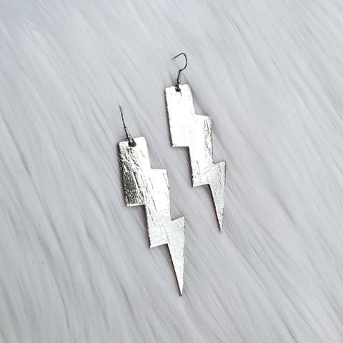 Metallic Silver Lightning Bolt Leather Earrings