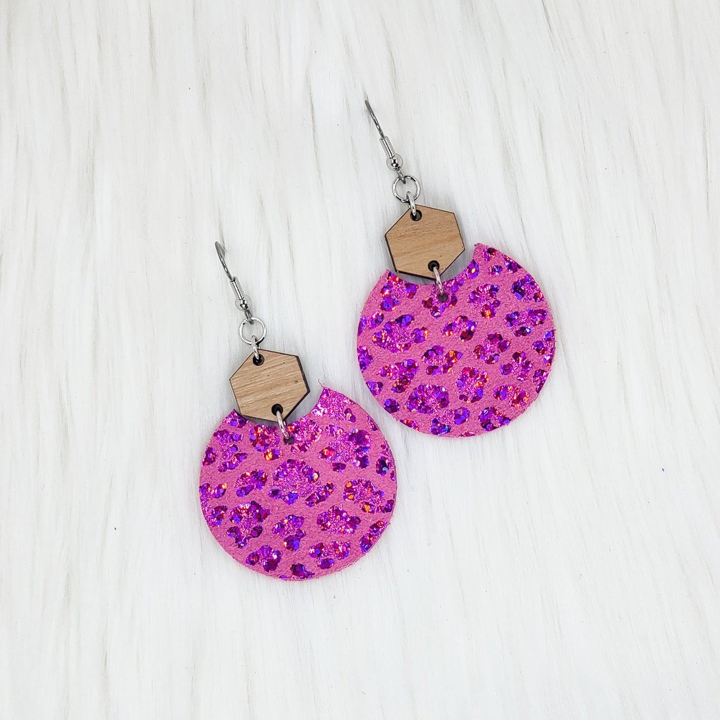 Pink Leopard Semi Circle Leather Earrings