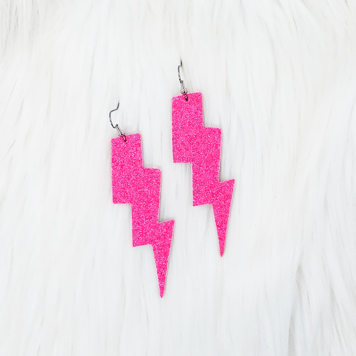 Hot Pink Glitter Lightning Bolt Leather Earrings