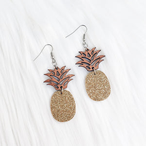 Glitter Pineapple Leather + Wood Drop Earrings