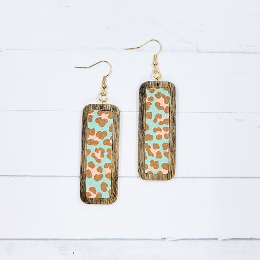 Wooden Bar - Mint Leopard Leather Earrings