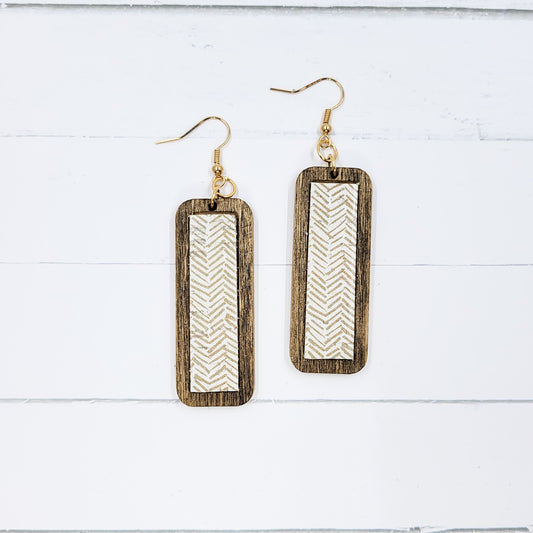 Wooden Bar - Tan Chevron Leather Earrings