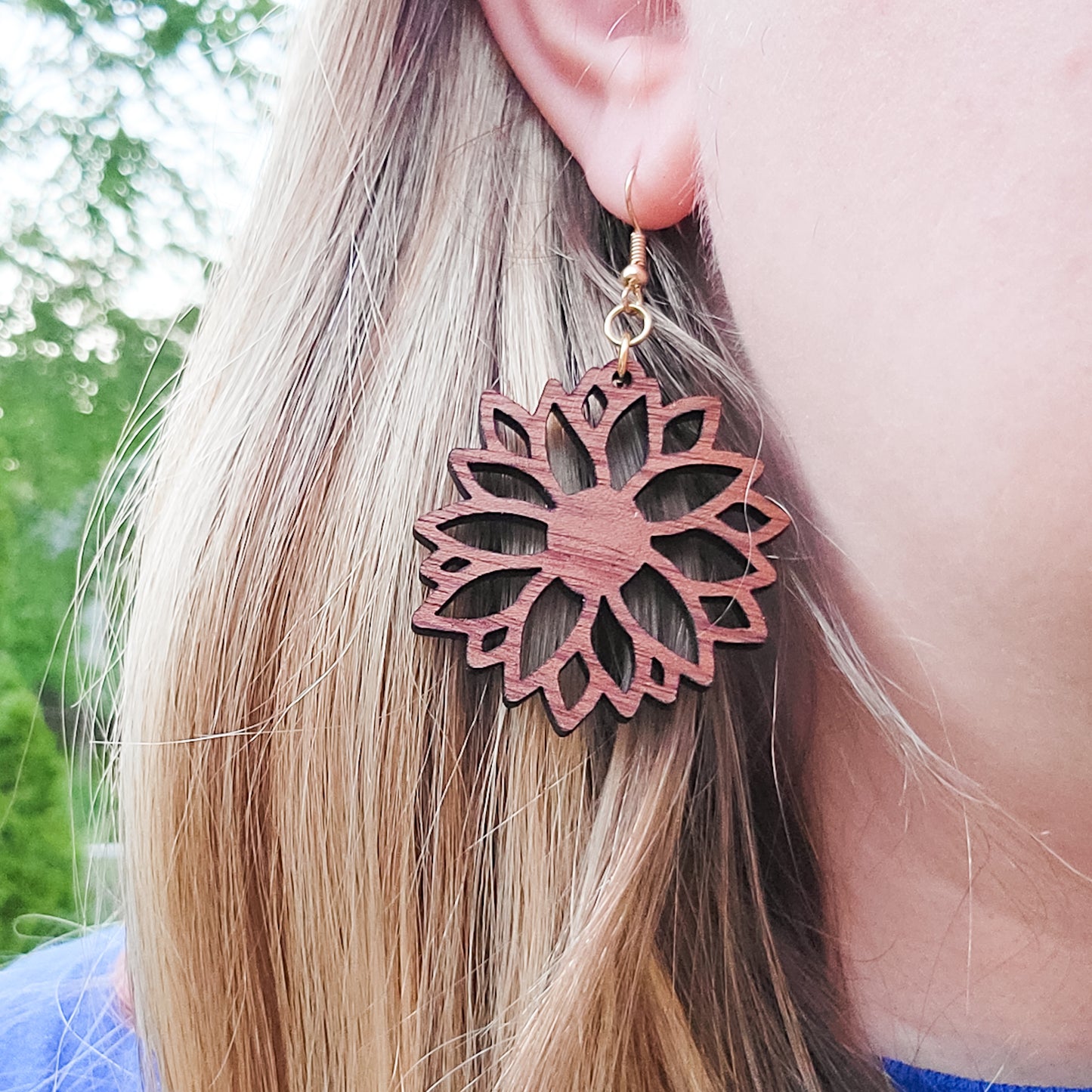 Intricate Sunflower Wooden Dangle Earrings