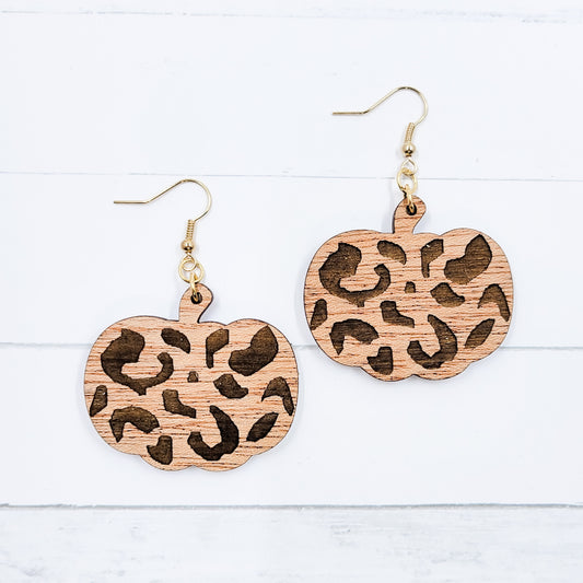 Leopard Engraved Pumpkin Wooden Dangle Earrings