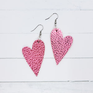 Metallic Pink Leather Heart Earrings