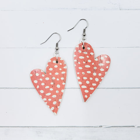 Coral Doodle Dots Leather Heart Earrings