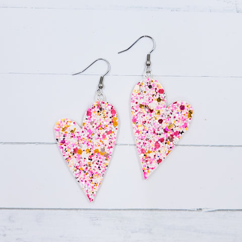 Pink Taffy Glitter Leather Heart Earrings