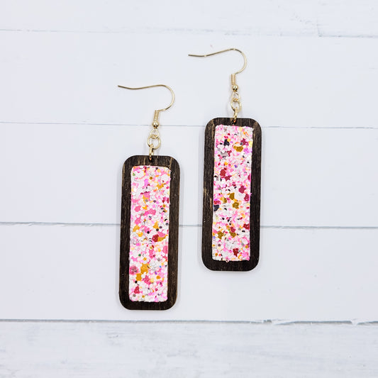 Wooden Bar - Pink Taffy Glitter Leather Earrings