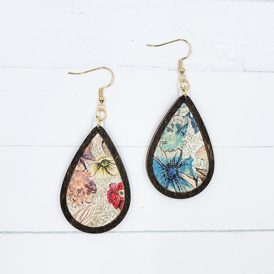 Wooden Teardrop - Metallic Summer Garden Leather Earrings