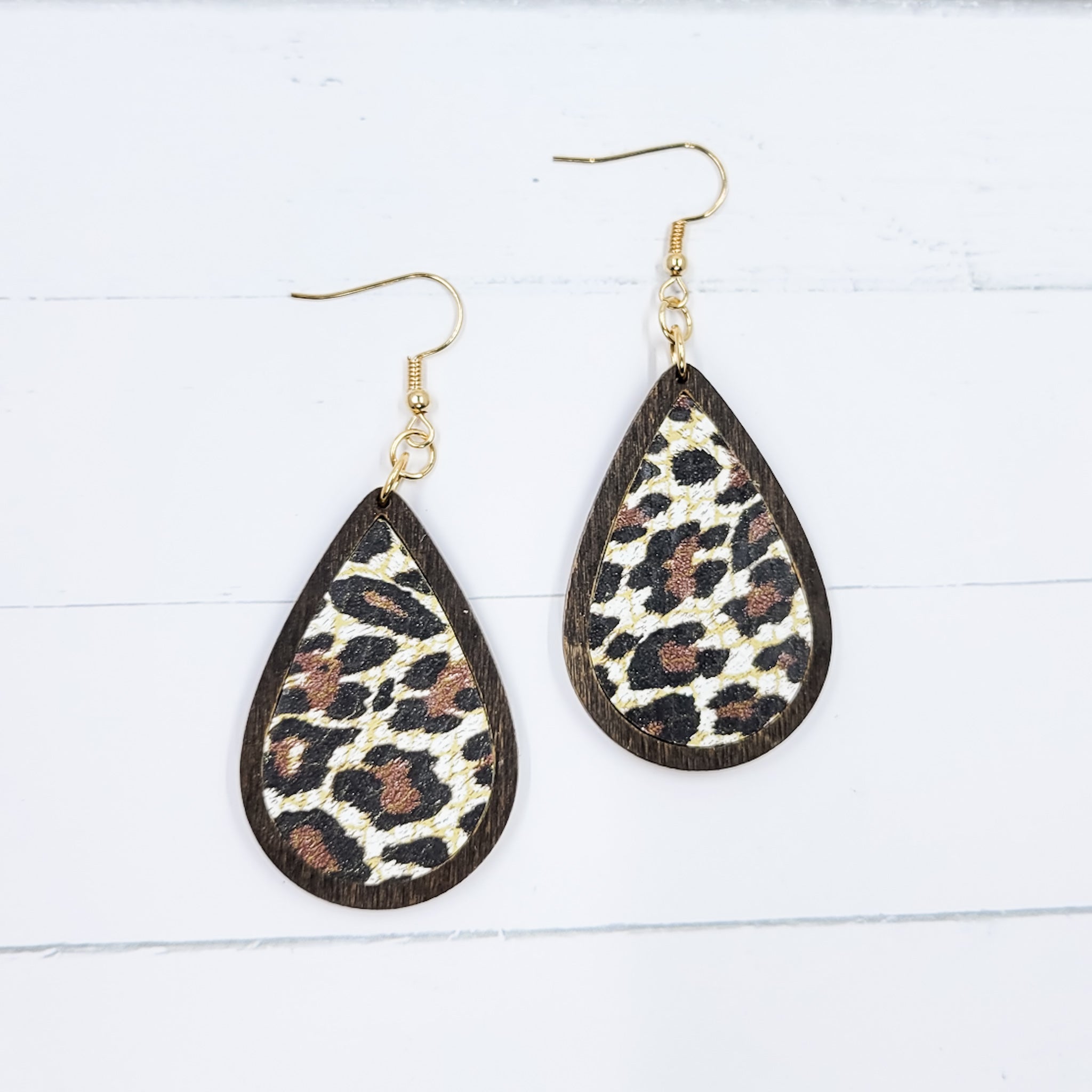 Wooden Teardrop - Chocolate Cheetah Leather Earrings