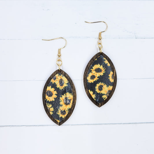 Wooden Petal -Black Sunflowers Leather Earrings