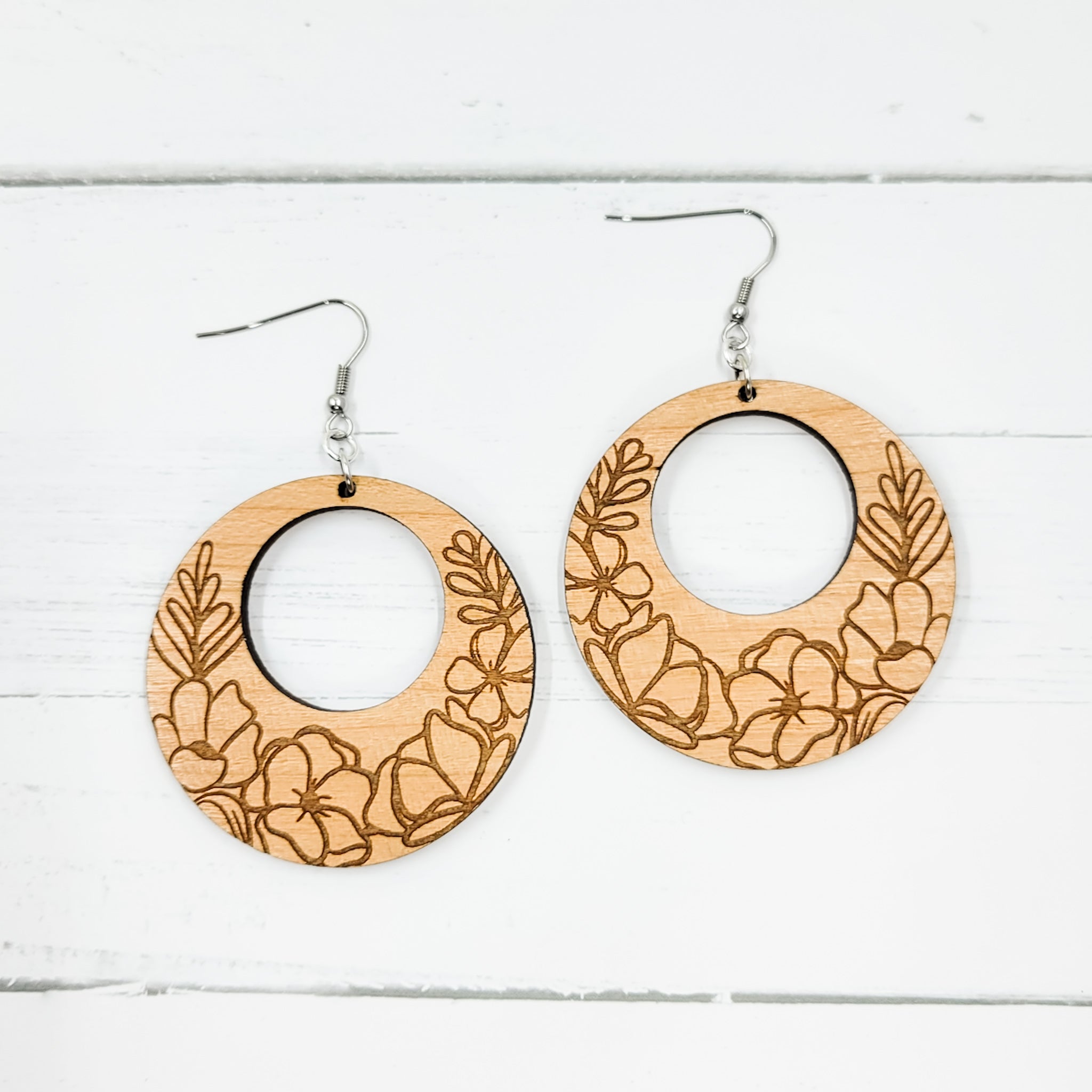 Engraved Floral Circle Wooden Dangle Earrings