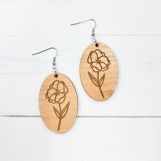 Engraved Flower Stem Oval Wooden Dangle Earrings