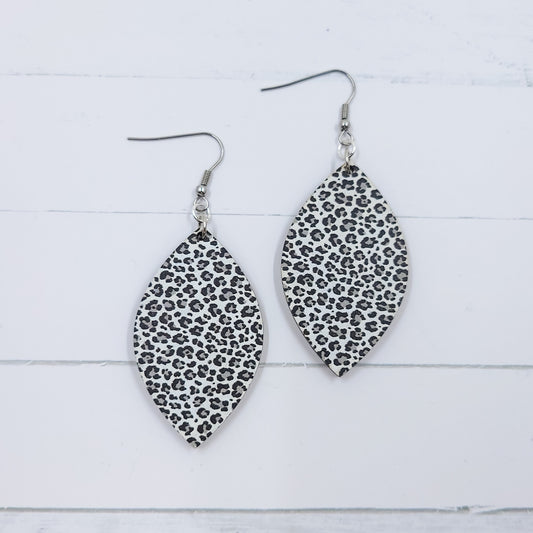 Snow Leopard Pointed Petal Wooden Dangle Earrings