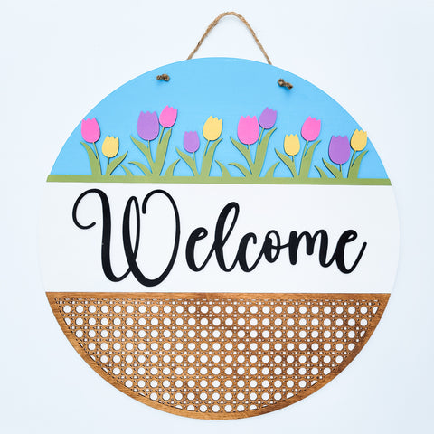 Handpainted Welcome Rattan Spring Door Hanger