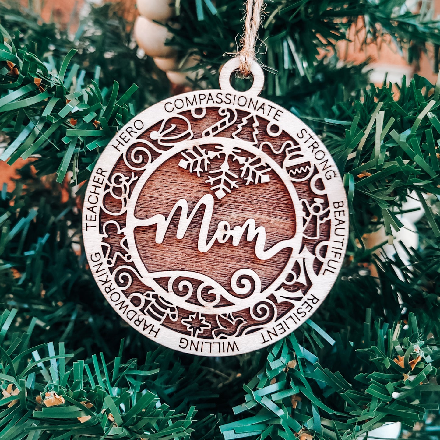 "Mom" Round Wooden Ornament
