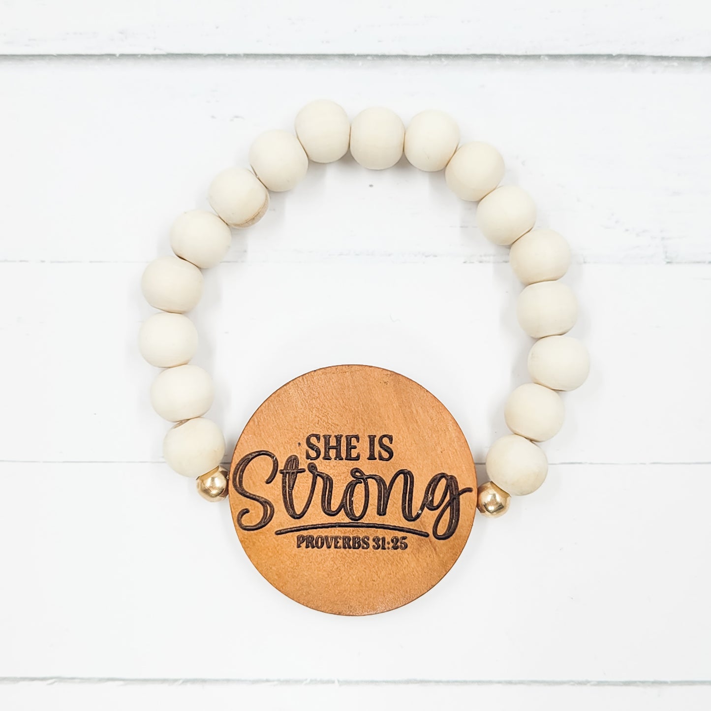 She is Strong Wooden Bead Stretch Bracelet
