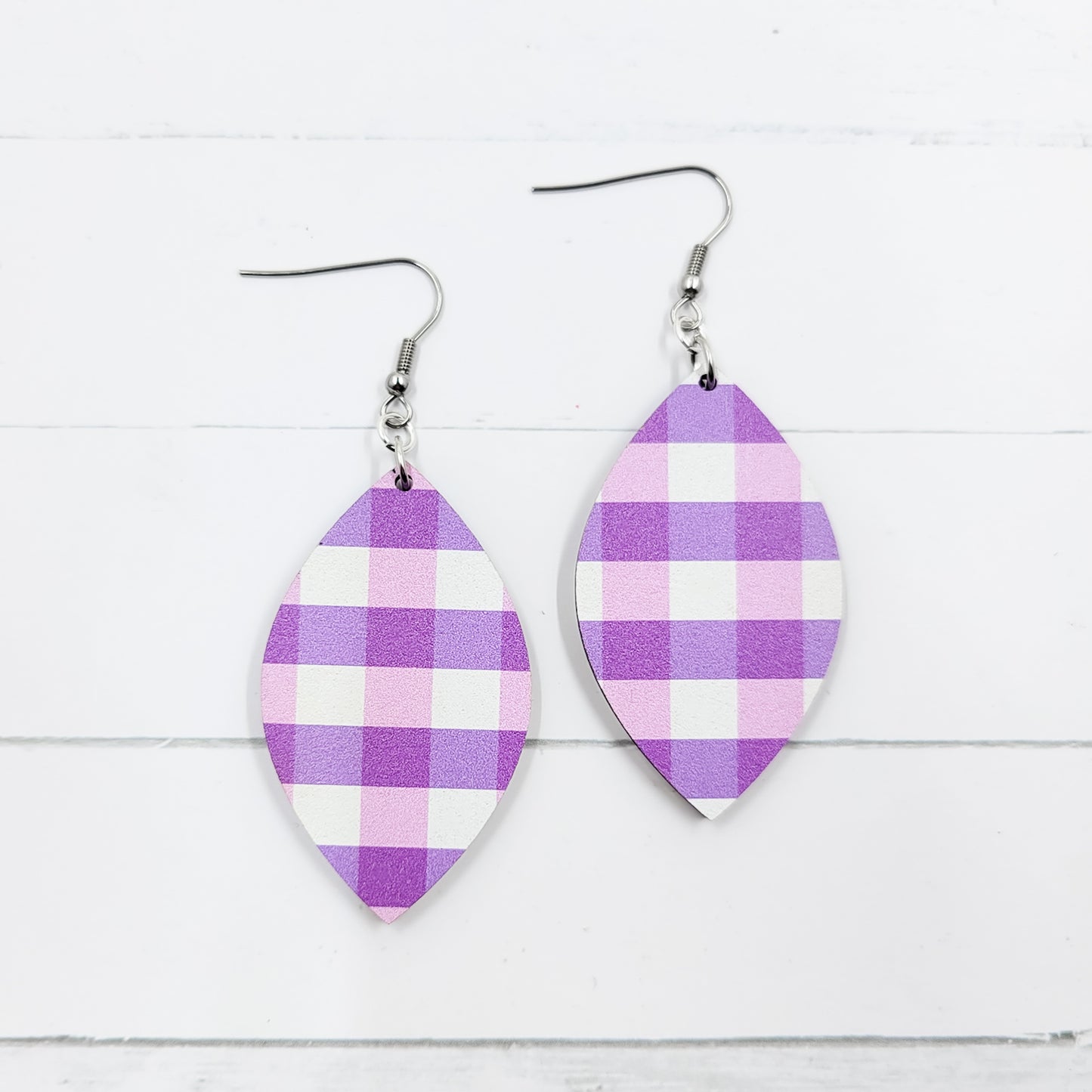 Purple Gingham Pointed Petal Wooden Dangle Earrings