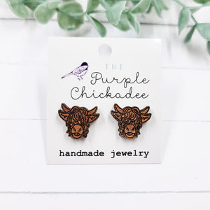 Highland Cow Wooden Stud Earrings