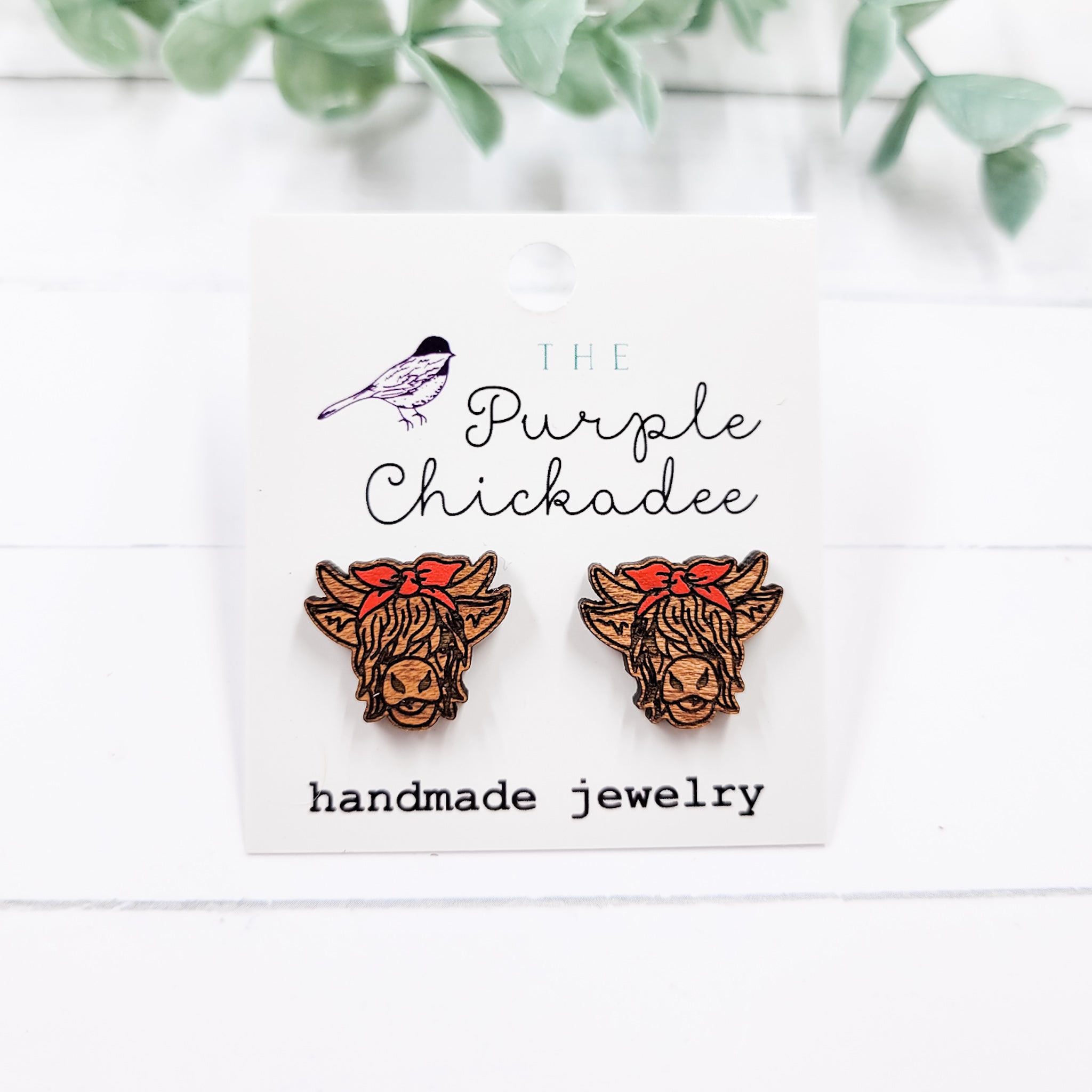 Highland Cow w/bandana Wooden Stud Earrings