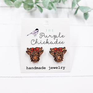Highland Cow w/bandana Wooden Stud Earrings