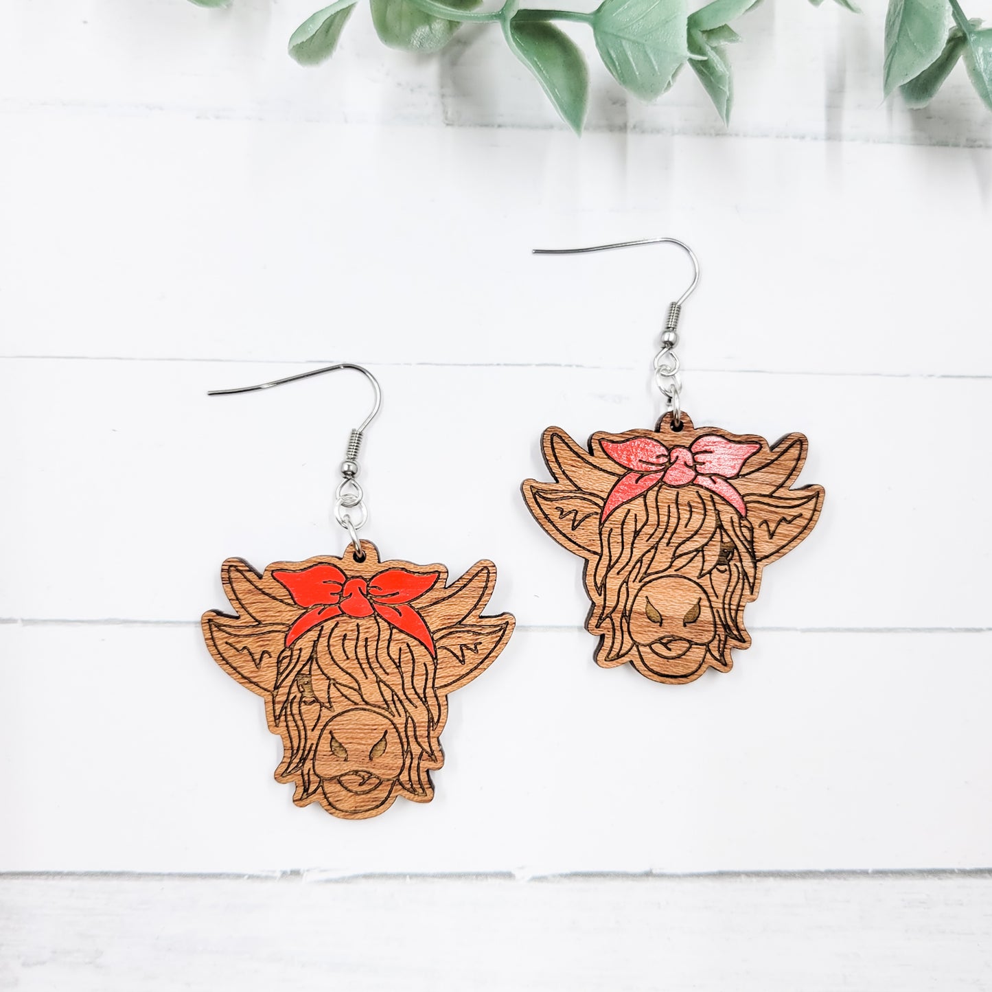 Highland Cow w/bandana Wooden Dangle Earrings