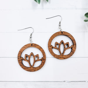 Round Lotus Wooden Dangle Earrings