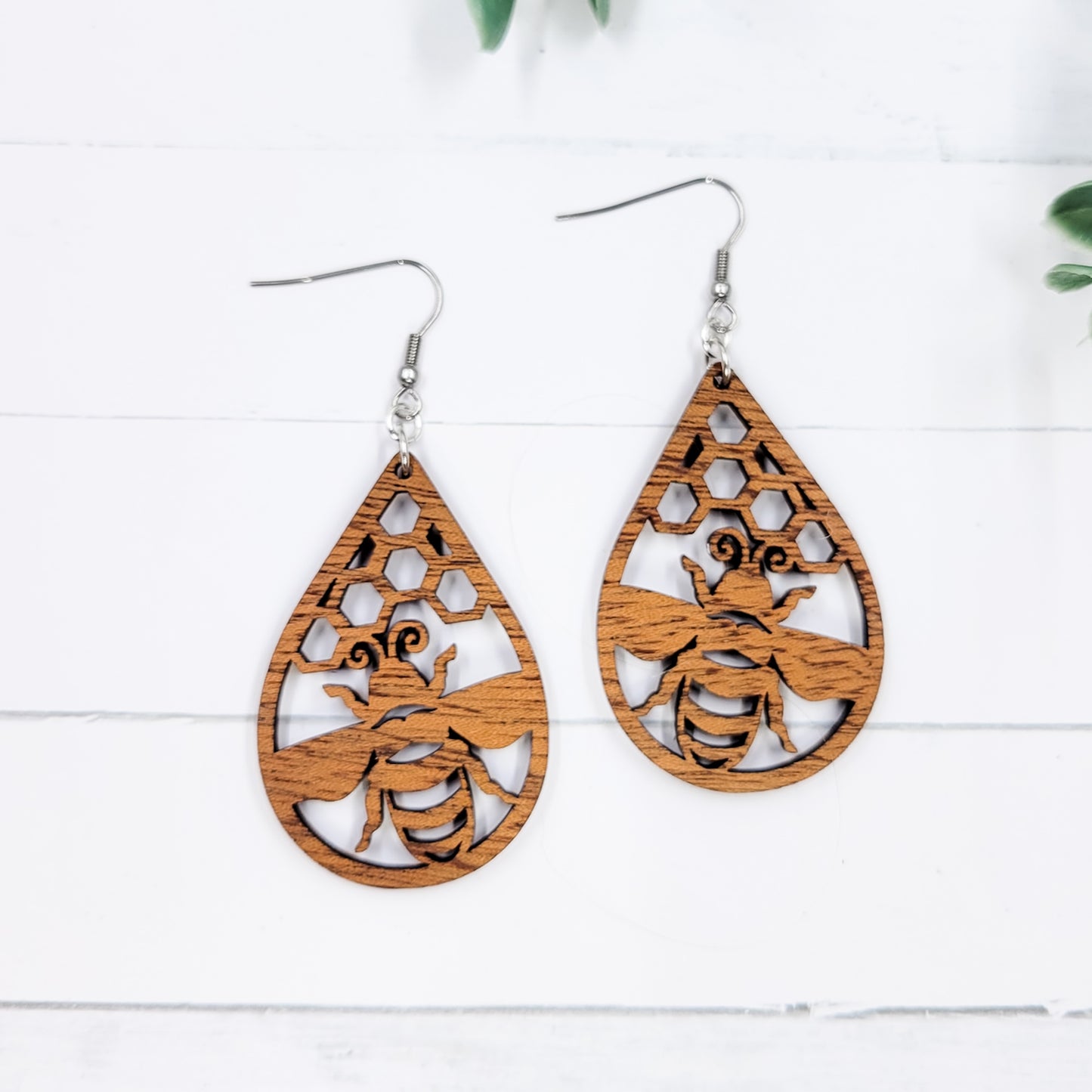 Honeycomb Bee Teardrop Wooden Dangle Earrings