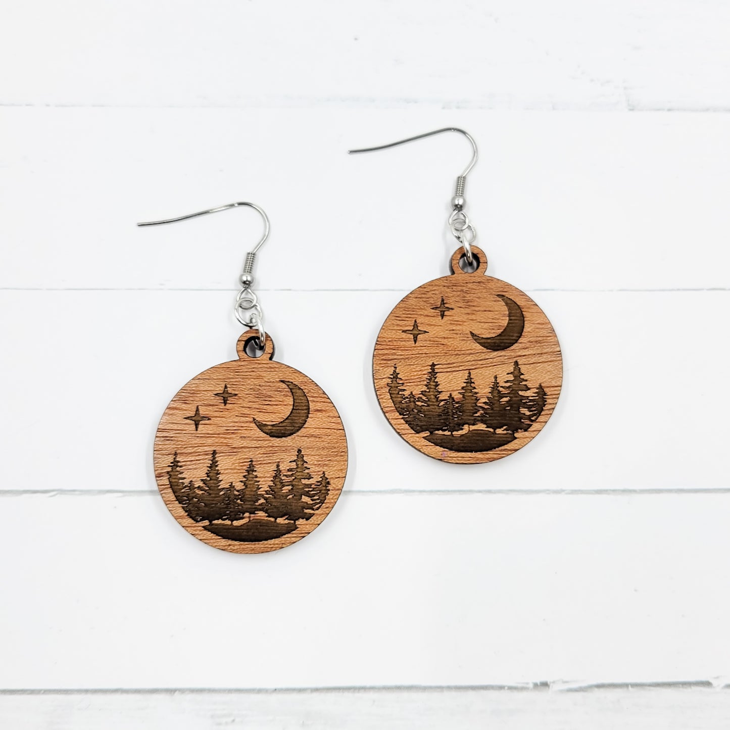 Night Forest Round Wooden Dangle Earrings