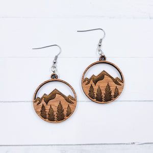 Mountain Forest Round Wooden Dangle Earrings