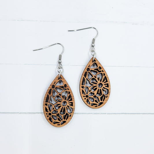 Small Floral Teardrop Wooden Dangle Earrings