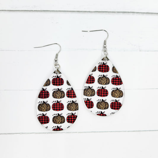 Leopard & Buffalo Plaid Pumpkins Acrylic Teardrop Dangle Earrings