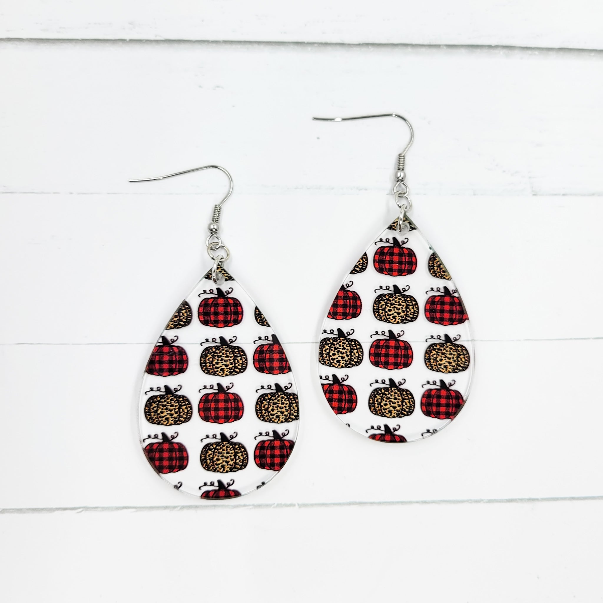 Leopard & Buffalo Plaid Pumpkins Acrylic Teardrop Dangle Earrings